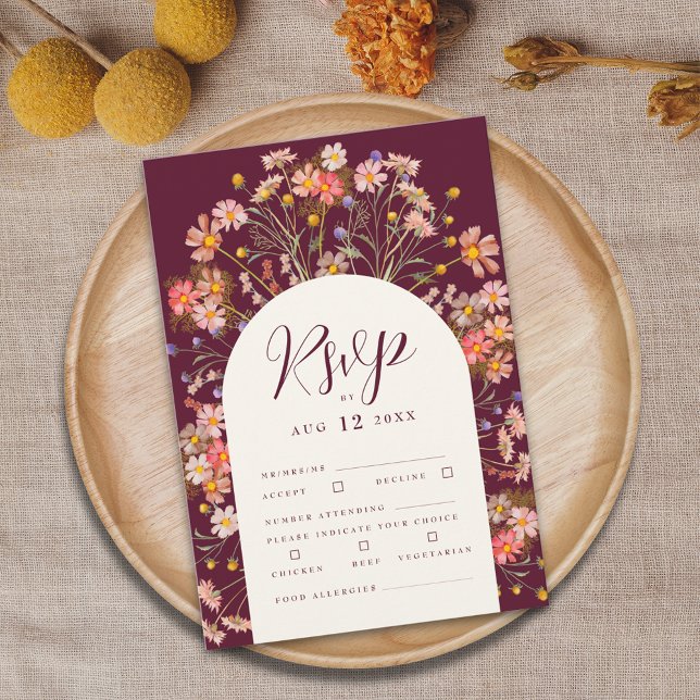Boho Fall Rustic Wildflower Floral Arch Wedding RSVP Card (Boho fall rustic wildflower floral arch elegant script burgundy and ivory cream wedding rsvp card)