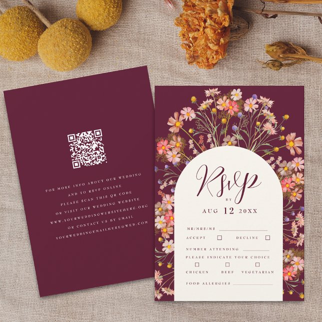 Boho Fall Rustic Wildflower Floral QR code Wedding RSVP Card (Boho fall rustic wildflower floral arch elegant script burgundy and ivory cream qr code wedding rsvp)