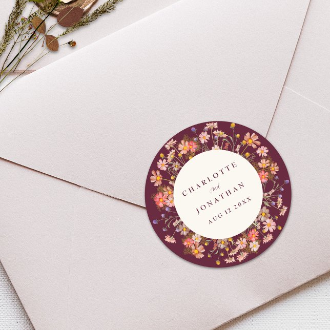 Boho Fall Rustic Wildflower Floral Wedding Classic Round Sticker (Boho rustic wildflower floral fall wedding custom sticker burgundy burnt orange terracotta )