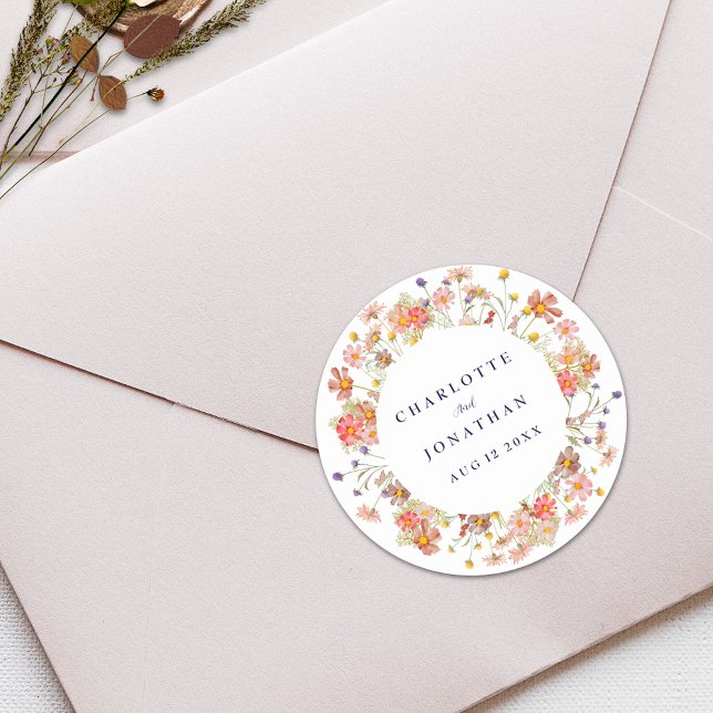 Boho Fall Rustic Wildflower Floral Wedding Classic Round Sticker (Boho fall wildflower navy and white wedding custom sticker Watercolor flowers fall colors)