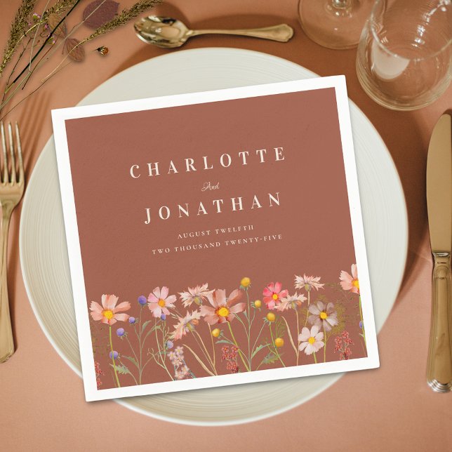 Boho Fall Rustic Wildflower Floral Wedding Napkin (Boho fall rustic wildflower meadow burnt orange floral wedding custom napkin elegant modern)