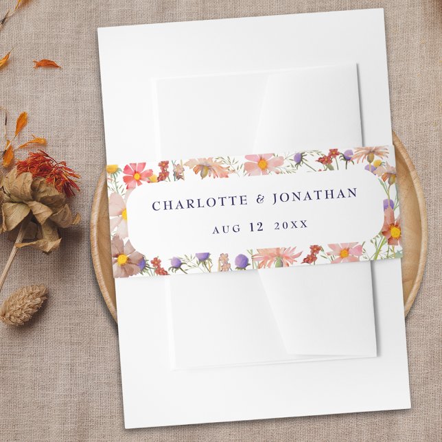 Boho Fall Rustic Wildflower Floral White Wedding Invitation Belly Band (Boho fall rustic wildflower floral navy blue script white wedding invitation custom belly band)