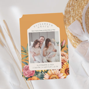 Boho Fall Sunflower Arch Photo Birth Announcement
