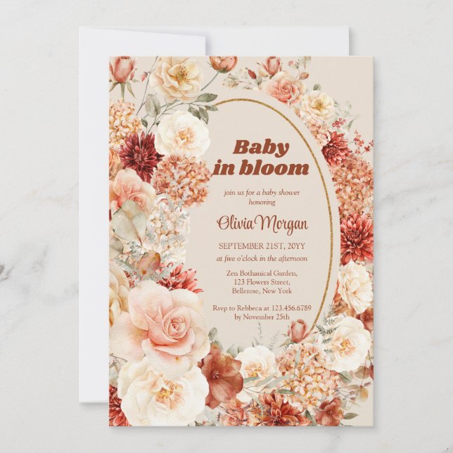 Boho fall terracotta burgundy floral groovy Baby Invitation (Front)