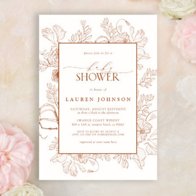 Boho Fall Terracotta Floral Line Art Baby In Bloom Invitation (Creator Uploaded)
