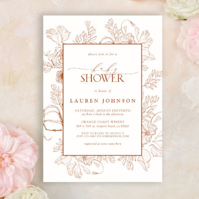 Boho Fall Terracotta Floral Line Art Baby Shower Invitation (Creator Uploaded)