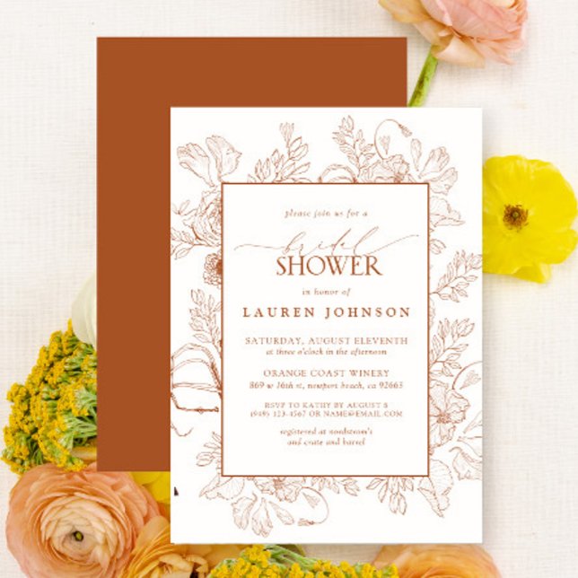 Boho Fall Terracotta Floral Line Art Bridal Shower Invitation (Bridal Shower Invitation)