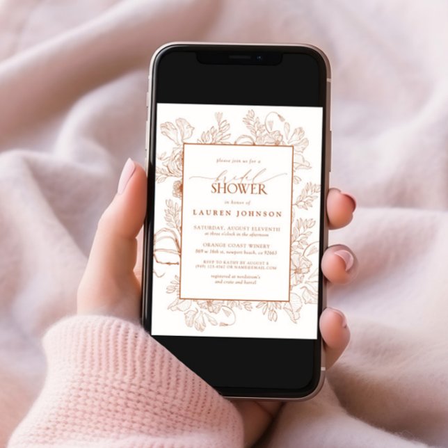 Boho Fall Terracotta Floral Line Art Bridal Shower Invitation (Creator Uploaded)