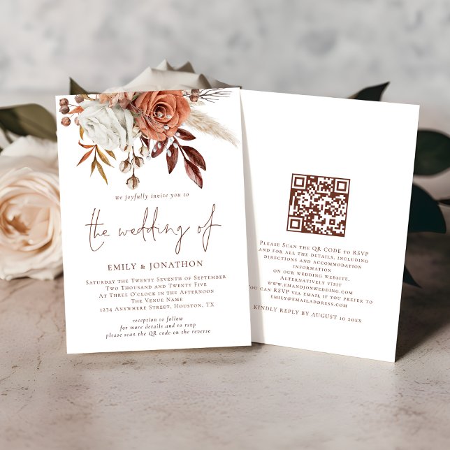 Boho Fall Terracotta Florals QR Code Wedding Invitation (front and back view)