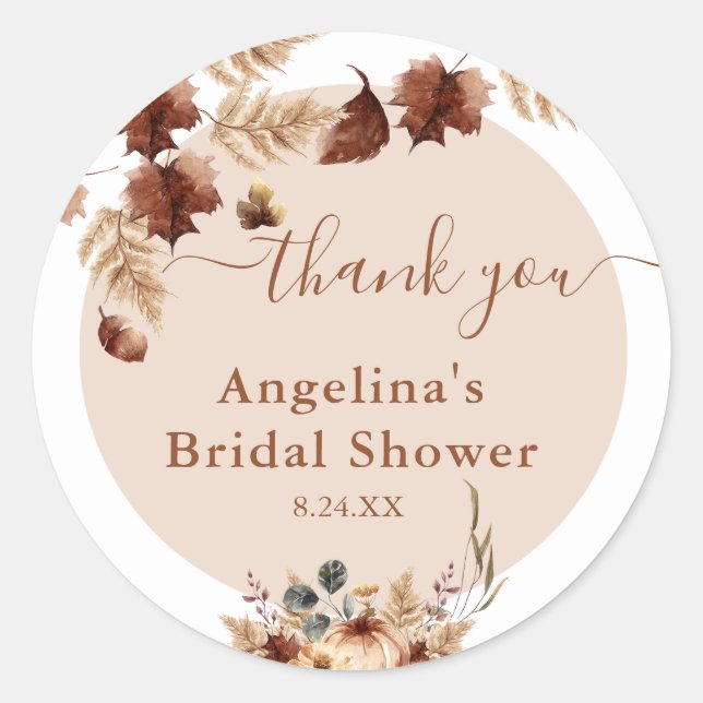 Boho Fall Thank You Bridal Shower Favour  Classic Round Sticker (Front)