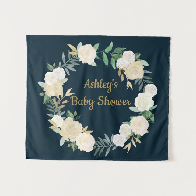 Boho Fall Wedding Backdrop Gold White Baby Shower Tapestry (Front (Horizontal))