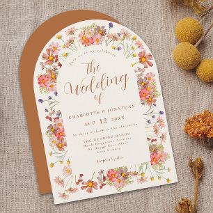 Boho Fall Wildflower Arch Burnt Orange Wedding Invitation