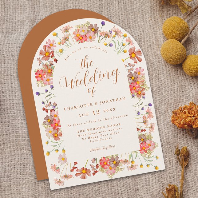 Boho Fall Wildflower Arch Burnt Orange Wedding Invitation (Boho fall Wildflower arch burnt orange Wedding invitation watercolor rustic dried flowers)
