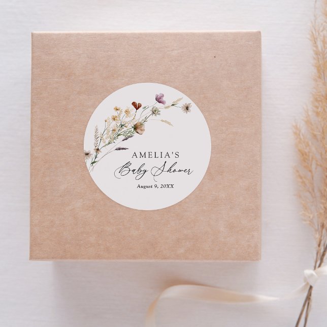Boho Fall Wildflower Baby Shower Classic Round Sticker (Creator Uploaded)