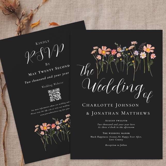 Boho Fall Wildflower Black and White QR Code Invitation (Boho fall Wildflower meadow black & white Wedding qr code invitation watercolor florals elegant)