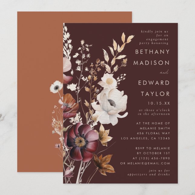 Boho Fall Wildflower Brown Engagement Party Invitation (Front/Back)