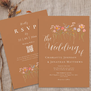 Boho Fall Wildflower Brown Sugar Beige QR Code Invitation