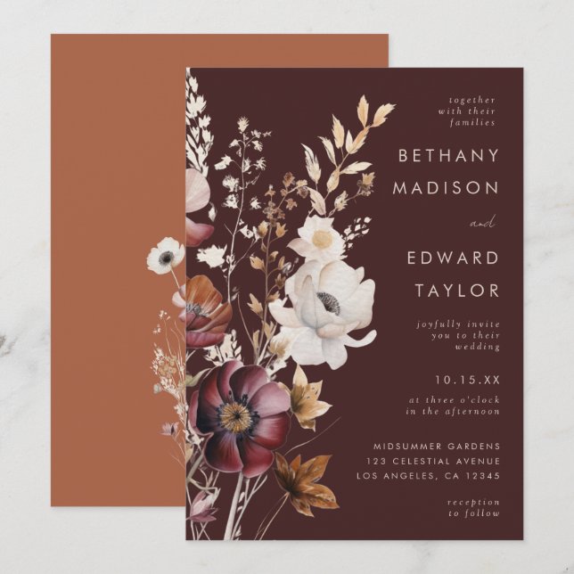 Boho Fall Wildflower Brown Wedding Invitation (Front/Back)