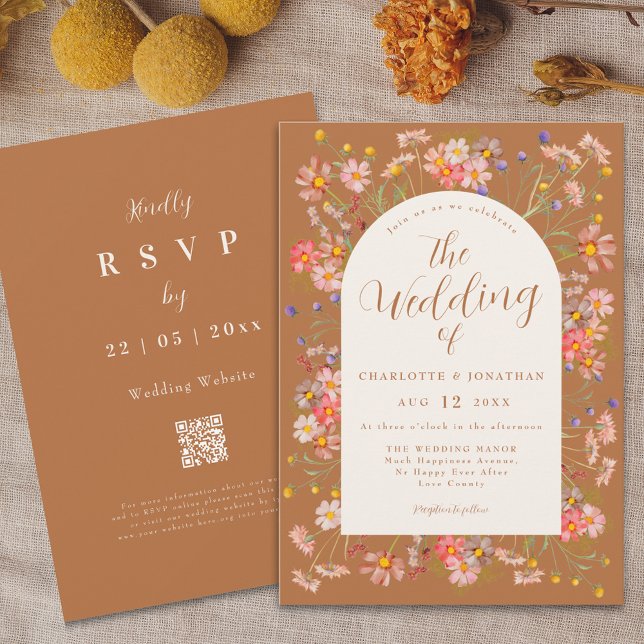 Boho Fall Wildflower Burnt Orange Wedding Invitation (Boho fall Wildflower arch burnt orange terracotta Wedding invitation elegant floral watercolor )