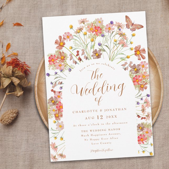 Boho Fall Wildflower Butterfly Floral Wedding Invitation (Boho fall wildflower butterfly burnt Orange terracotta script wedding invitation watercolor florals)