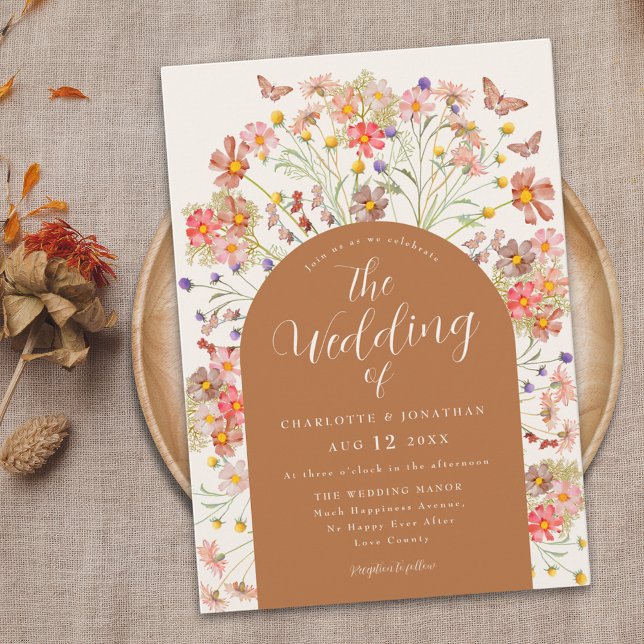 Boho Fall Wildflower Butterfly Wedding Invitation (Boho fall wildflower butterfly terracotta arch wedding invitation with elegant modern script )