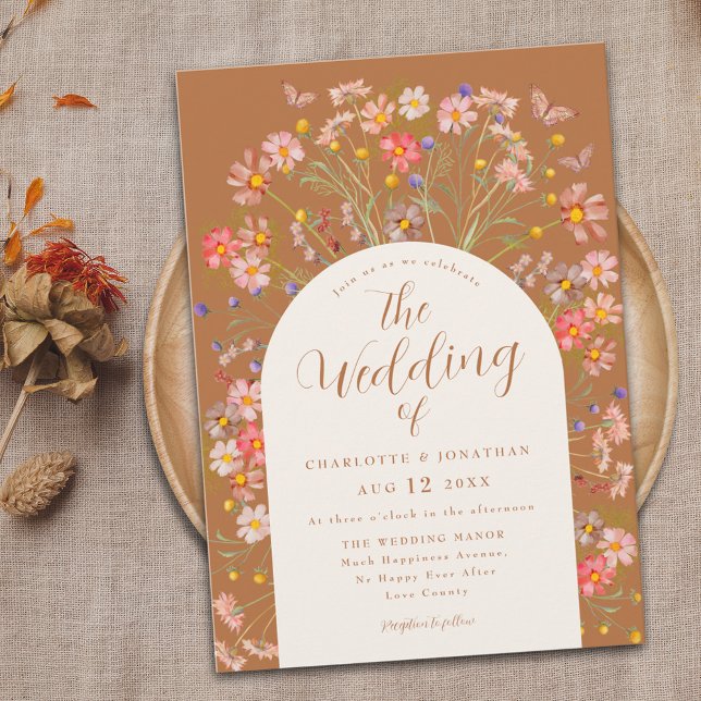 Boho Fall Wildflower Butterfly Wedding Invitation (Boho fall floral butterfly Wedding invitation whimsical wildflowers rustic country cottage garden)