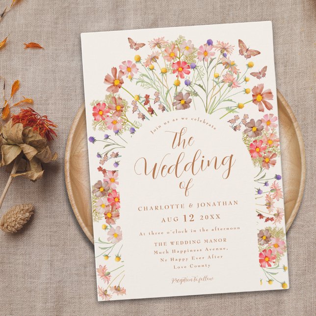 Boho Fall Wildflower Butterfly Wedding Invitation (Boho fall floral butterfly Wedding invitation whimsical wildflowers rustic country garden)