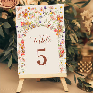 Boho Fall Wildflower Floral Arch Beige Wedding Table Number