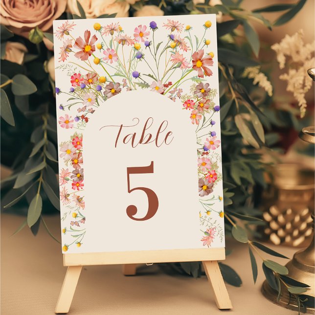 Boho Fall Wildflower Floral Arch Beige Wedding Table Number (Boho fall rustic wildflower Floral arch burnt orange and beige Wedding table number card Elegant )