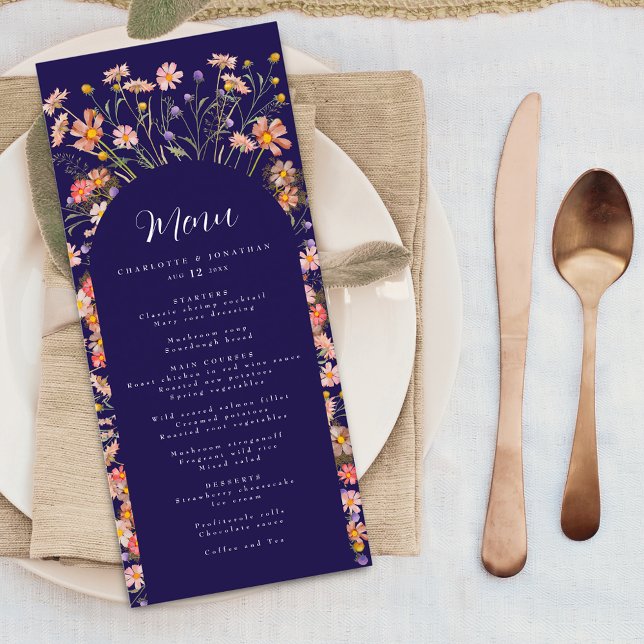 Boho Fall Wildflower Floral Arch Navy Blue Wedding Menu (Boho fall wildflower floral arch navy blue and white wedding menu card Elegant modern watercolor)