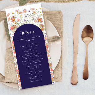 Boho Fall Wildflower Floral Arch Navy Blue Wedding Menu