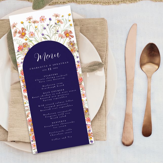 Boho Fall Wildflower Floral Arch Navy Blue Wedding Menu (Boho fall rustic wildflower floral arch navy blue wedding menu card Elantra modern script watercolor)