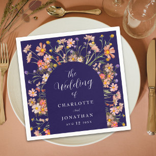 Boho Fall Wildflower Floral Arch Navy Blue Wedding Napkin