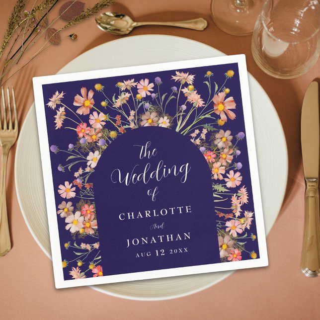 Boho Fall Wildflower Floral Arch Navy Blue Wedding Napkin (Boho fall rustic wildflower arch navy blue burnt orange and white wedding custom paper napkins)