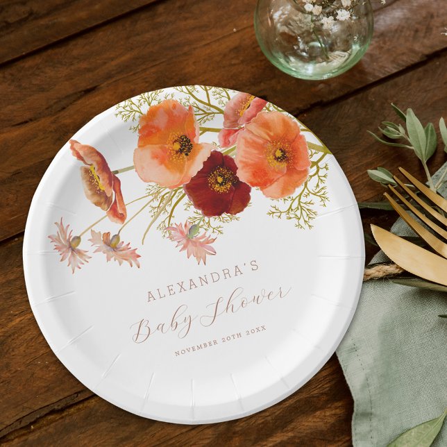 Boho Fall Wildflower Floral Baby Shower Custom Paper Plate (Baby in bloom boho fall floral Baby shower personalized party paper plate Watercolor wildflowers )