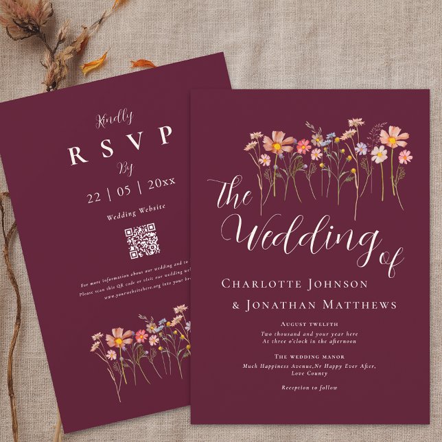 Boho Fall Wildflower Floral Burgundy QR Code Invitation (Wildflower floral burgundy & ivory cream Wedding qr code invitation watercolor flower meadow elegant)