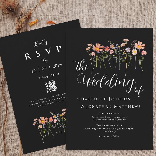 Boho Fall Wildflower Meadow Black & White QR Code Invitation (Boho fall Wildflower floral black & white Wedding qr code invitation Watercolor meadow flowers)