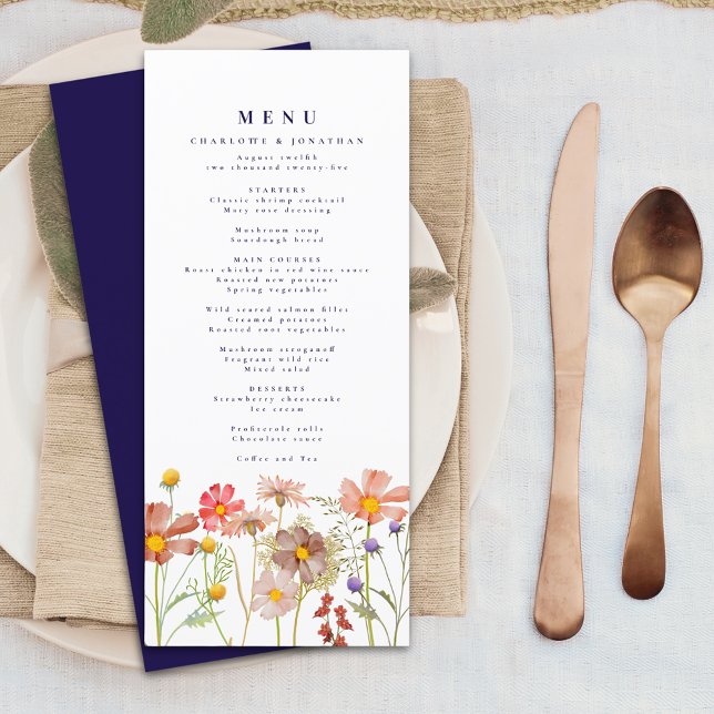 Boho Fall Wildflower Meadow Navy Blue Wedding Menu (Boho fall wildflower meadow elegant navy blue typography wedding menu card Watercolor flowers )