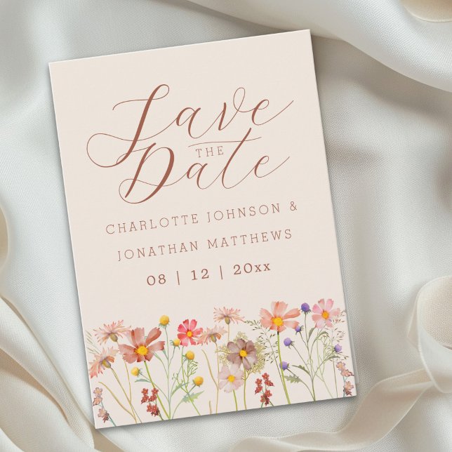 Boho Fall Wildflower Meadow Wedding Save The Date (Elegant boho watercolor wildflower meadow beige brown orange wedding save the date invitation)
