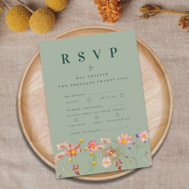 Boho Fall Wildflower Meal Options Wedding RSVP Card (Boho fall wildflower floral wedding RSVP card with meal options and allergy info)
