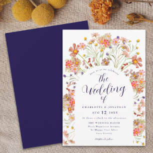 Boho Fall Wildflower Navy Blue and White Wedding Invitation