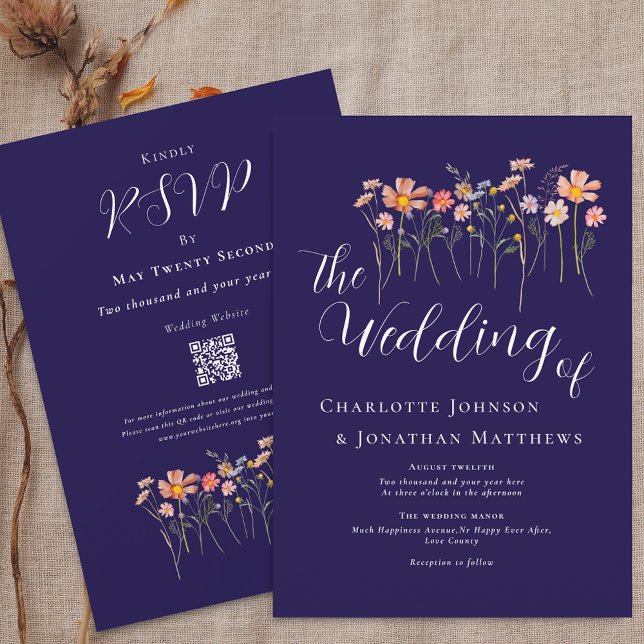 Boho Fall Wildflower Navy Blue Terracotta QR Code Invitation (Boho fall Wildflower floral navy blue terracotta white Wedding qr code invitation Watercolor meadow )