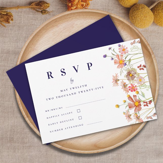 Boho Fall Wildflower Navy Blue Wedding RSVP Card (Boho fall wildflower meadow navy blue and white wedding rsvp card autumn Watercolor florals)
