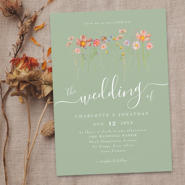 Boho Fall Wildflower Sage Green Invitation (Boho fall Wildflower rustic floral sage green Wedding invitation Watercolor whimsical garden flowers)