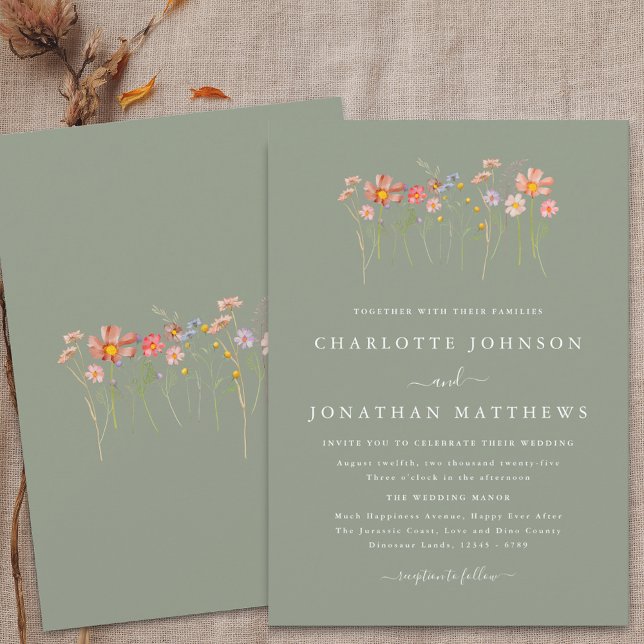 Boho Fall Wildflower Sage Green Wedding Invitation (Wildflower boho fall floral sage green Wedding invitation Watercolor meadow flowers elegant modern)