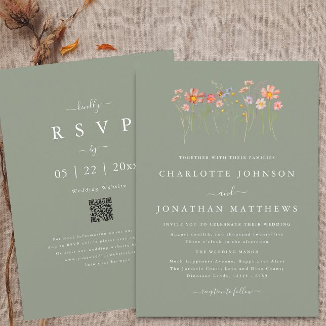 Boho Fall Wildflower Sage Green Wedding QR Code Invitation (Wildflower boho fall floral sage green Wedding qr code invitation watercolor meadow flowers elegant )
