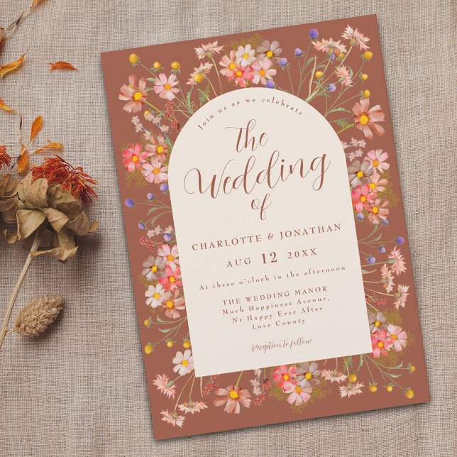 Boho Fall Wildflower Terracotta Beige Wedding Invitation (Boho wildflower arch burnt orange terracotta beige fall wedding invitation Elegant modern script)