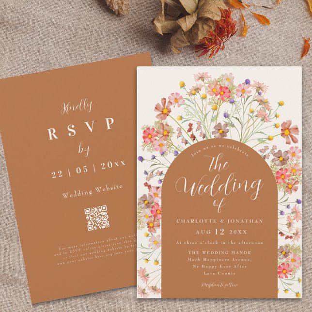Boho Fall Wildflower Terracotta Wedding Invitation (Boho fall Wildflower floral arch terracotta burnt orange Wedding invitation and RSVP website QR code)