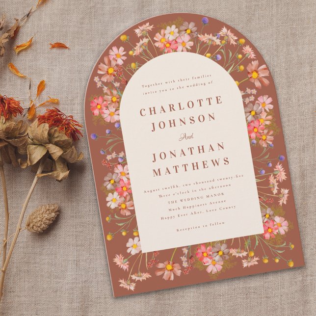 Boho Fall Wildflower Wedding Invitation (Boho rustic wildflower arch fall wedding invitation elegant modern burnt orange terracotta  beige )