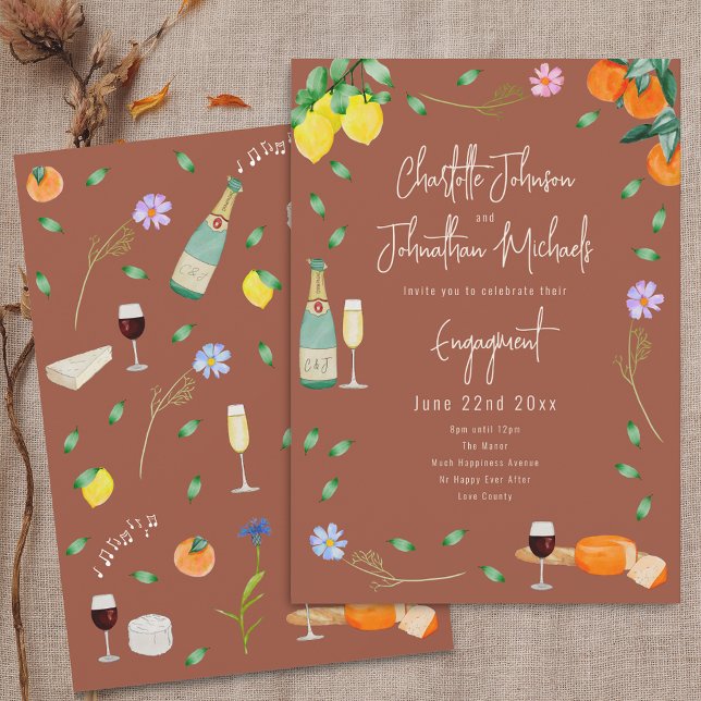 Boho Fall Wine and Cheese Engagement Party Invitation (Boho chic fall wine and cheese wedding engagement party terracotta invitation Oranges lemons floral )